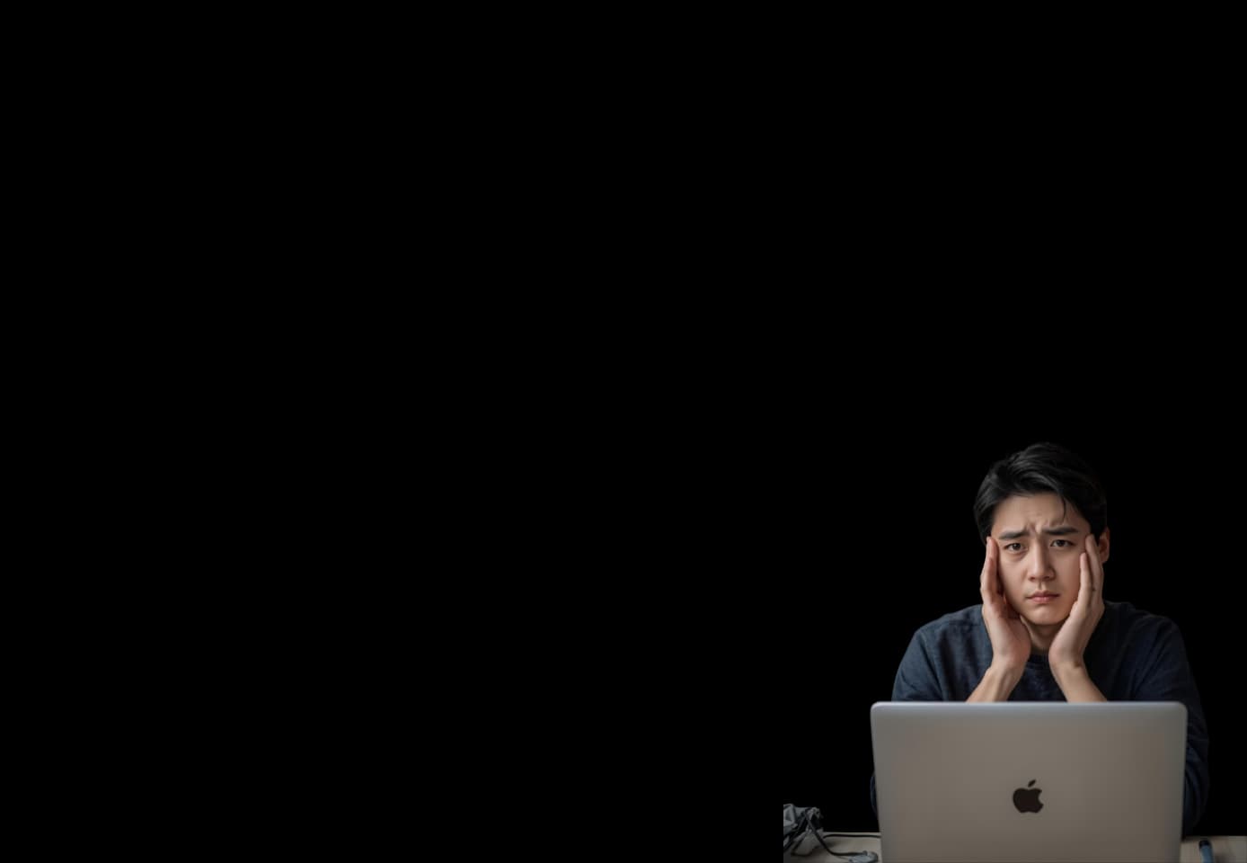 ノートPCの前で悩む男性と吹き出し