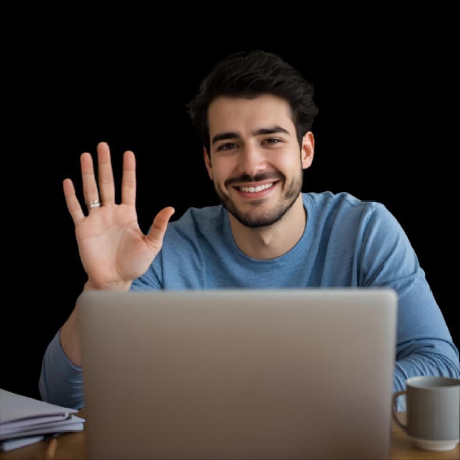 Smiling person waving during a video call
