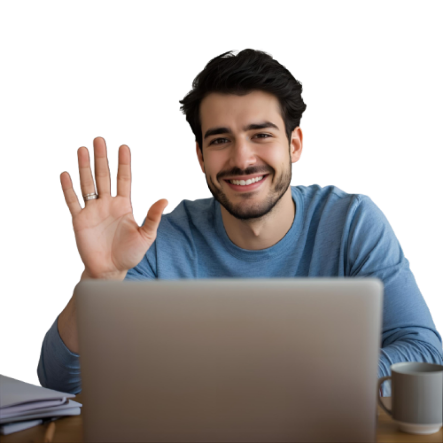 Smiling person waving during a video call