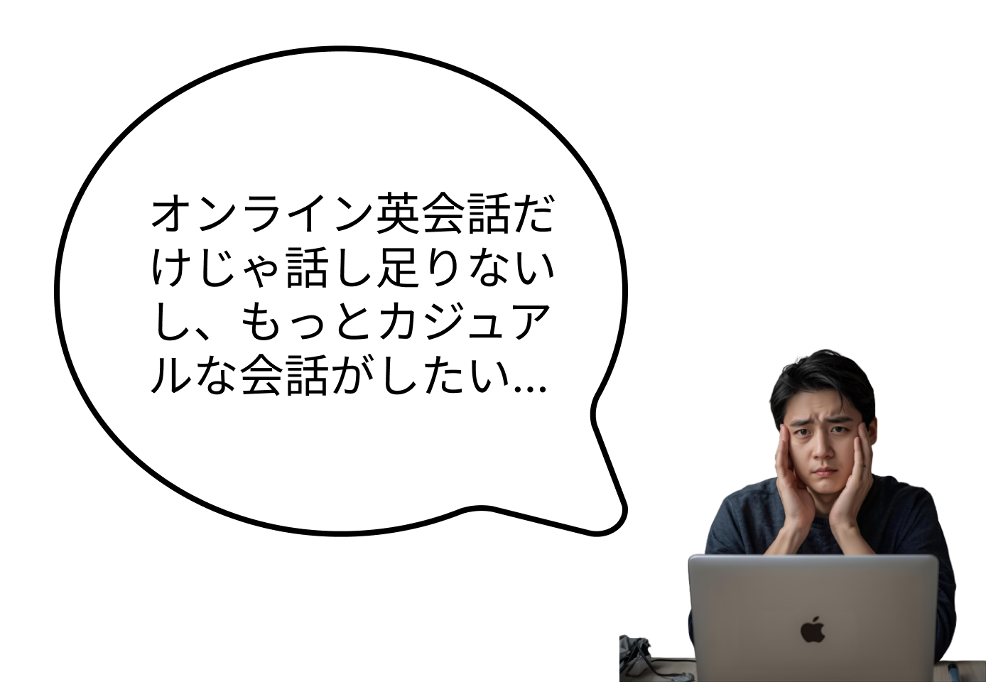 ノートPCの前で悩む男性と吹き出し